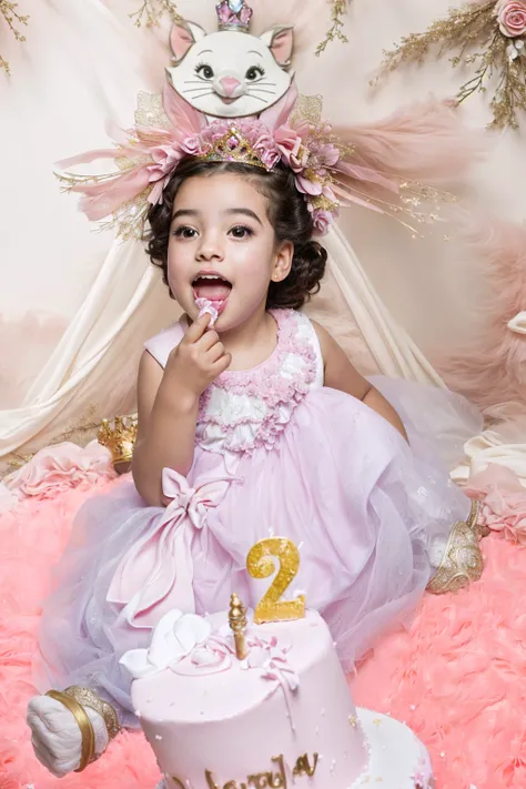 Araffe girl in a pink dress and a crown eating cake., 2 years old, beautiful:2, modeling photography, edited, added detail, very excited, she is 2 3, Next Generation, Happy Birthday, Photoshoot, beautiful, first portrait shot, complex background, first por...