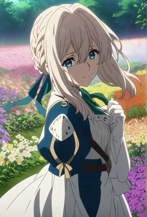 anime girl with blue eyes and white hair in a field of flowers, todays featured anime still, violet evergarden, anime visual of a young woman, screenshot from the anime film, girl with white hair, in the anime film, perfect white haired girl, white haired ...