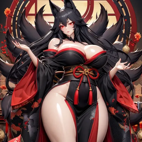 Beautiful black Kitsune, red eyes, highly detailed face, highly detailed eyes, big breasts, sexy figure, mature woman, several black kitsune tails, soft long Black Kitsune ears, Wearing red and black open shoulders kimono, wide waist
