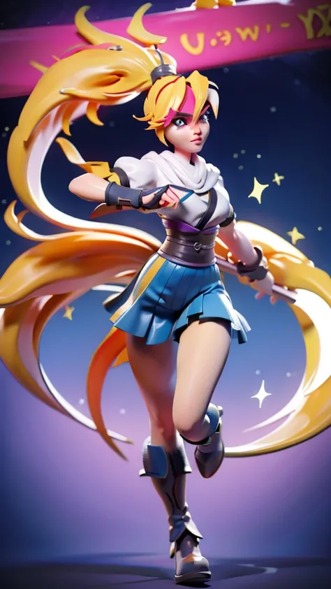 1 girl, ultra long hair, ultra detailed face, glowing lips, glowing blue eyes, very long ponytail, elegant walk, catwalk, holding down a  giant katana, blonde, long eyelashes, long boots , looking to the sky, starry sky, a ultra giant katana 