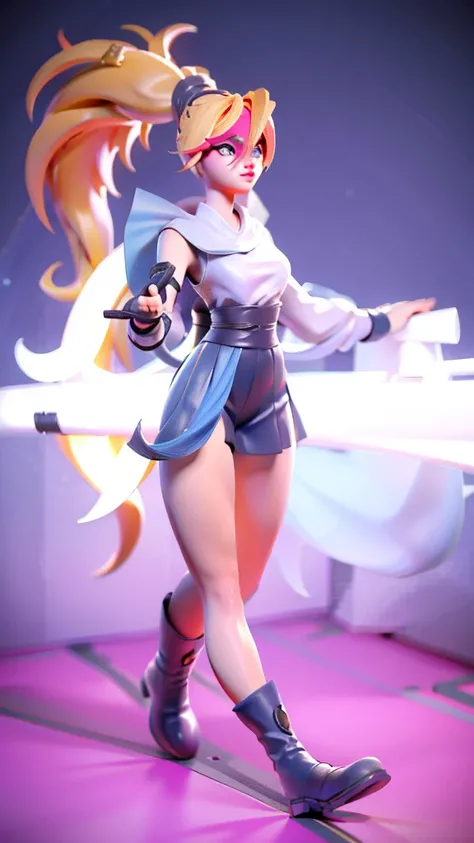 1 girl, ultra long hair, ultra detailed face, glowing lips, glowing blue eyes, very long ponytail, elegant walk, catwalk, holding down a  giant katana, blonde, long eyelashes, long boots , looking to the sky, starry sky, a ultra giant katana 