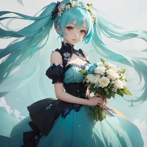 anime girl with blue hair and flowers in her hand, loli in dress, mikudayo, portrait of hatsune miku, cute anime waifu in a nice dress, hatsune miku portrait, guweiz on pixiv artstation, guweiz on artstation pixiv, digital art on pixiv, pixiv contest winne...