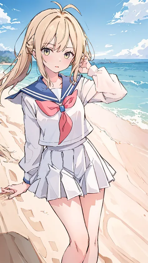 (masterpiece,best quality,absurdres),1girl,solo,looking at viewer,dynamic_angle,colorful, antenna hair,sailor uniform, beach , s...