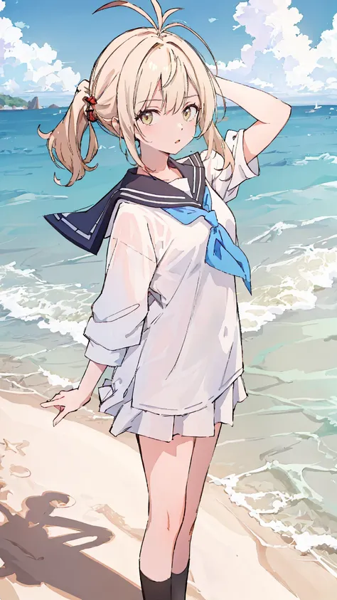 (masterpiece,best quality,absurdres),1girl,solo,looking at viewer,dynamic_angle,colorful, antenna hair,sailor uniform, beach , s...