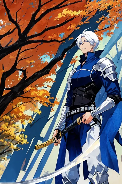 A 25 years old anime man with white hair, holding a Katana, Wearing a Blue and Black armor , Standing close to a tree 