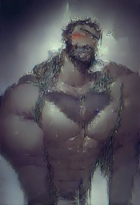 (male、Muscular、Very thick body hair、beard、sakana noko style、Age 35:1.1)、muscular chest、Muscular arms、Correct Anatomy、(I sigh tiredly)、Steamy breath、(sweating+Sweat dripping down)、(Clog breath)、(Dramatic lighting)、Browsing Caution、Super huge testicles、His s...