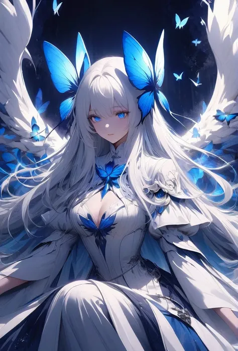 The image showcases an animated character with striking white hair and glowing blue eyes, creating a captivating and ethereal appearance. The character is dressed in a black and white outfit, embodying a classic gothic or Victorian-inspired look. Surroundi...