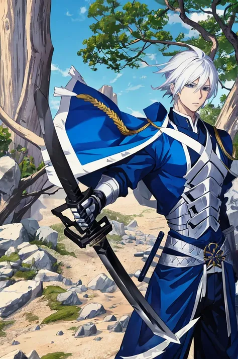 A 25 years old anime man with white hair, holding a Katana, Wearing a Blue and Black armor , Standing close to a tree 