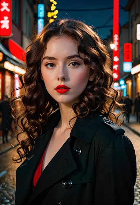 Ghibli-like colours, masterpiece, best quality, highres, high details, 4K, model_shot,1girl, solo, Red lips,long hair, Wavy curly brunette hair, pale skin,（Black trench coat）, Depth of Field, (Street Lights), Fantastic lights