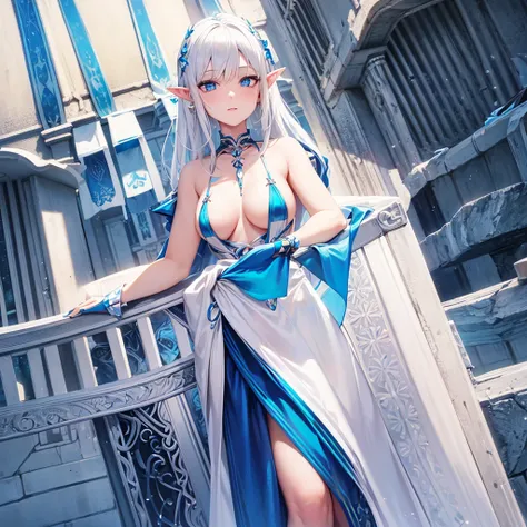 White haired elf with blue eyes in a blue bikini with blue nails