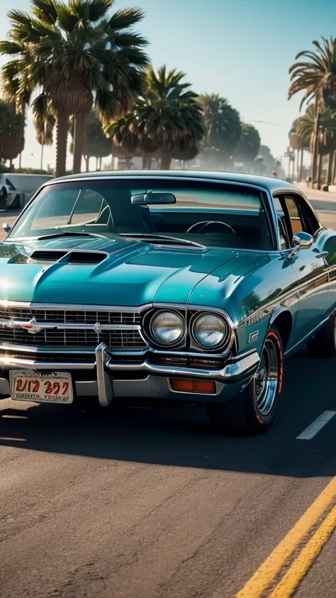 A photorealistic image of a lowrider car bouncing on a sun-drenched boulevard. Palm trees sway in the breeze. The car is a classic Chevy Impala with candy apple red paint and Chicano murals depicting fantastical creatures and Aztec warriors. Chrome gleams ...