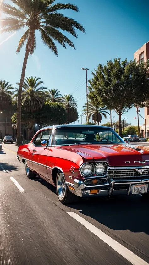 A photorealistic image of a lowrider car bouncing on a sun-drenched boulevard. Palm trees sway in the breeze. The car is a classic Chevy Impala with candy apple red paint and Chicano murals depicting fantastical creatures and Aztec warriors. Chrome gleams ...