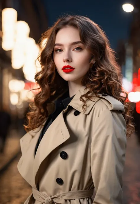 Ghibli-like colours, masterpiece, best quality, highres, high details, 4K, model_shot,1girl, solo, Red lips,long hair, Wavy curly brunette hair, pale skin,（Black trench coat）, Depth of Field, (Street Lights), Fantastic lights