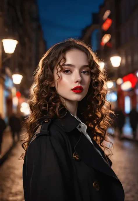 Ghibli-like colours, masterpiece, best quality, highres, high details, 4K, model_shot,1girl, solo, Red lips,long hair, Wavy curly brunette hair, pale skin,（Black trench coat）, Depth of Field, (Street Lights), Fantastic lights