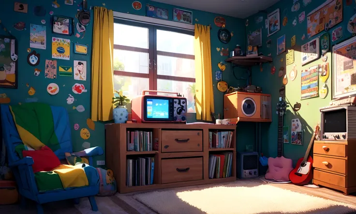 cozy room, with window, radio, music, Brazilian flag, stickers on the wall