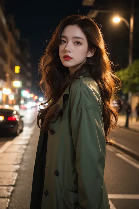 Ghibli-like colours, masterpiece, best quality, highres, high details, 4K, model_shot,1girl, solo, Red lips,long hair, Wavy curly brunette hair, pale skin,（Black trench coat:1.5）, Depth of Field, (Street Lights), Fantastic lights