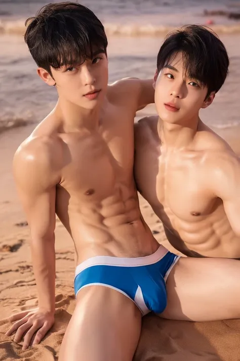 (highly detailed body, best quality:1.2) two boys, kissing, 25 year old men, white jockstrap, handsome, bangs hairstyle hair, night, beach, (flirting with camera).