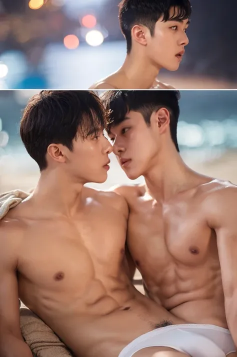 (highly detailed body, best quality:1.2) two boys, kissing, 25 year old men, white jockstrap, handsome, bangs hairstyle hair, night, beach, (flirting with camera).