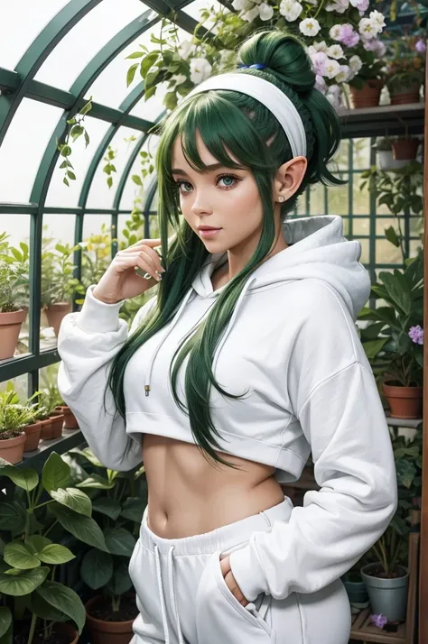 30 year old woman from Saturn, elf ears, thick athletic body, beautiful, cute, green ponytail hair with flower headband, in greenhouse, wearing white hoodie and white sweatpants