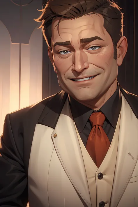 a close up of a man in a suit and tie smiling, john goodman as donald trump, very slightly smiling, with a subtle smile, he is smiling, taken in the early 2020s, slightly turned to the right, robin williams, closeup!!!!!!, roguish smirk, choke smirk smile ...