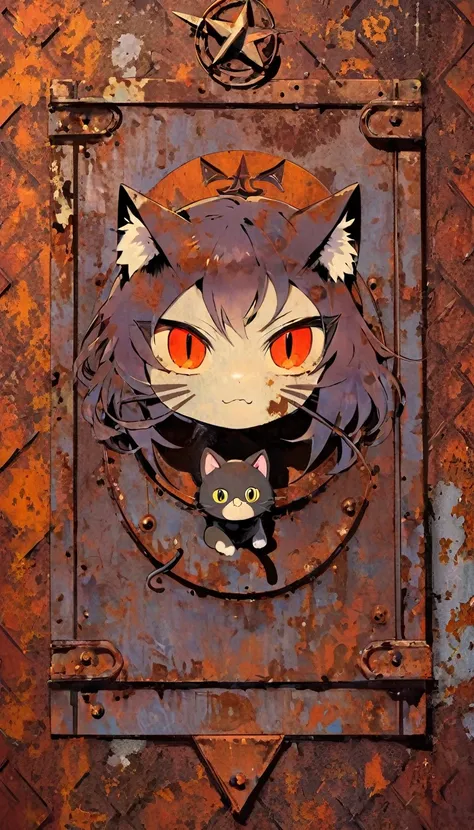 decorative metal sheet, rusty, satanic communist cat
