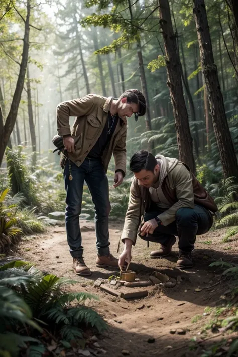 Men finding buried treasure with jewels and gold in a forest