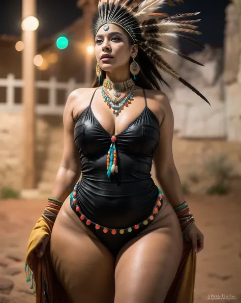 Beautiful Cherokee Indian woman with beautiful terracotta colored headdresses, blackw, doradas, cobre, Pearl, white and beige, feathers made of bright neon of various colors, flares on camera, bokeh, full moon night

