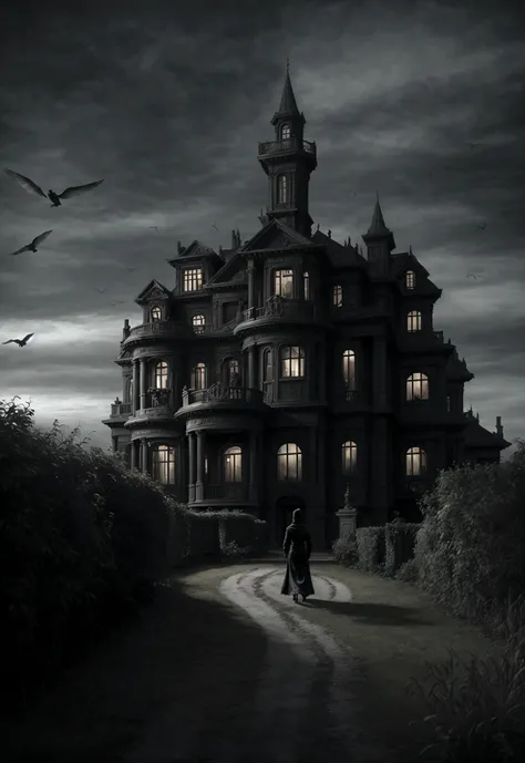 a group of friends approaching an unsettling mansion, birds absent, ominous wind, dark moody atmosphere, cinematic lighting, highly detailed, dramatic composition, realistic, photorealistic, masterpiece, 8k