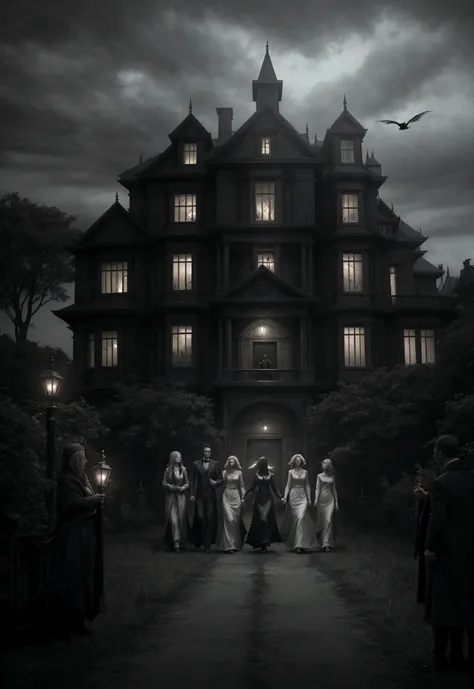 a group of friends approaching an unsettling mansion, birds absent, ominous wind, dark moody atmosphere, cinematic lighting, highly detailed, dramatic composition, realistic, photorealistic, masterpiece, 8k