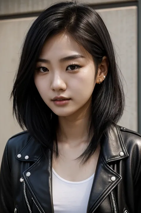 Korean girl with black hair, with dark brown eyes and light skin, with a small mole tattoo on her left wrist and a nose piercing, wearing a leather jacket