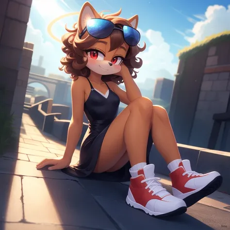 mobian, solo, hedgehog, two-tone fur ((orange fur, brown fur)), nuress slide slit dress, high-top sneakers, small breasts, two-tone hair (brown hair, black tip)), curly hair, halo, sunglasses, jewelry, red eyes, longeyelashes, red eyes, smile, shy, blush, ...