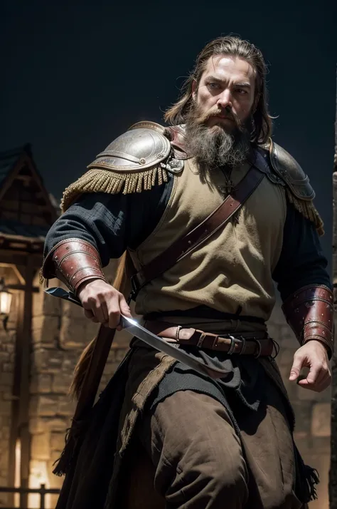 1 man from the medieval Germanic empire, best qualityer, fot, warrior, with beard, looking 45 years old, short-hair, your horse in black, Sword and shield, in the background a battle,    fild, night-time, with dead and bleeding people, night lighting, deta...