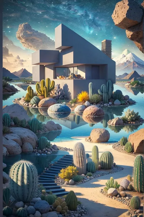 An illustration, collage style, David Hockney visual style, (((Luis Barragáns architectural style houses in middle of a lake))), big boulders, little cascade, mountains, volcanos, volcanic landscape, pool, stairs, beautiful gardens, abundant vegetation, ca...