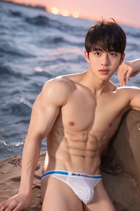 (highly detailed body, best quality:1.2) two boys, 25 year old men, white jockstrap, handsome, bangs hairstyle hair, night, beach, (flirting with camera).