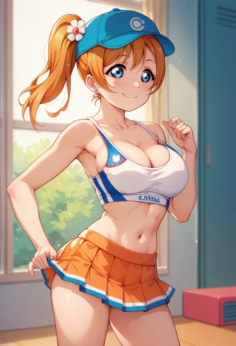 Honoka kousaka love live, cowboy shot, blue eyes, orange hair, very small micro skirt, tinnies crop top,cap, cleavage , tinnies stadium , adjusting her top, school sports room, breasts press