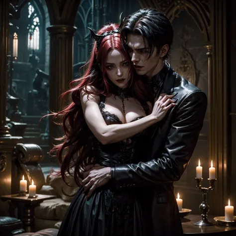 A sexy vampire who tries to bite a demon while hugging him, the scene takes place in a gothic garden