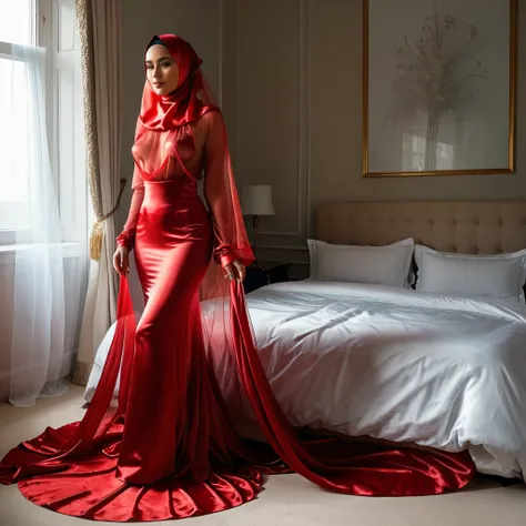 a woman in the translucent silk red gown, tight full body tied, satin sheet, nipple on with nipple piercing, wearing translucent veils, faceless, face cover with satin veil, satin hijab, full body, long satin,mermaid tight long gown, flowy dramatic long go...