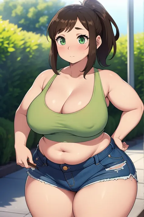 ((Masterpiece)), perfect anatomy, perfect shading, field of depth, (best quality), extremely delicate and beautiful, perfect lighting, detailed face, ultra cute face, cute, (1girl), (solo),

short fluffy brown hair, ponytail, green eyes, ((blush)), embarra...