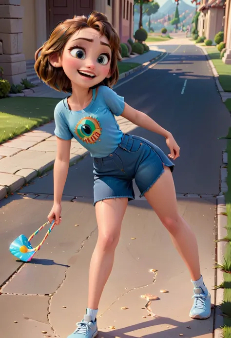 Ana Luna, Pixar style image with 3D character render of a 12-year-old skinny girl, fullbody on ground, holding an popsicle, kid smart face expression smilling, light brown hair, hairtcut above the shoulder, wearing light blue t-shirt and a knee-length deni...