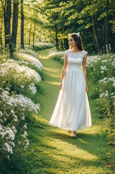 Female cat in white dress walking in a forest with beautiful flowers and green fields 