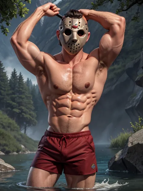 (masterpiece, 4K, ultra detailed), Jason Voorhees, dark hair, two blogs haircut, single, masculine, lake, swim, realistic, shirtless, muscular, eight-pack, red shorts, Jasons white mask