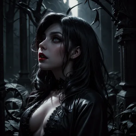 a sexy female vampire, beautiful detailed eyes, beautiful detailed lips, extremely detailed face, long eyelashes, red lips, pale skin, fangs, demon, gothic garden, dark moody lighting, dramatic lighting, dramatic shadows, chiaroscuro, cinematic composition...