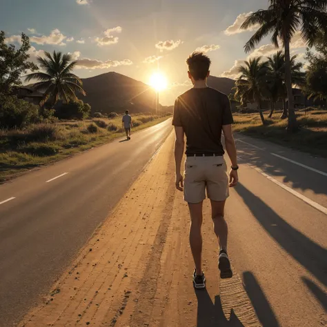 Man walking on the sun, wearing shorts and short sleeve shirt.