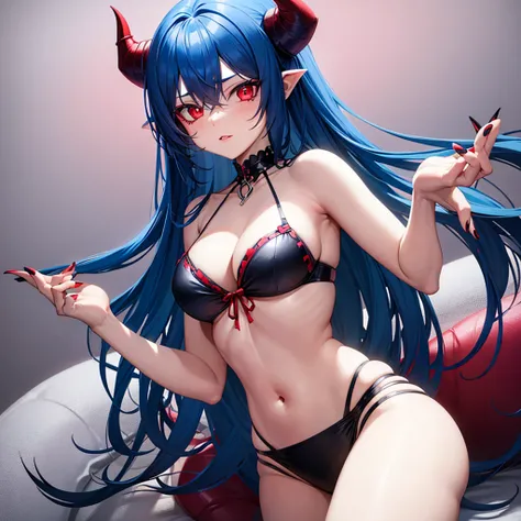 Demon girl lolita in a bikini with blue hair and red eyes and black nails