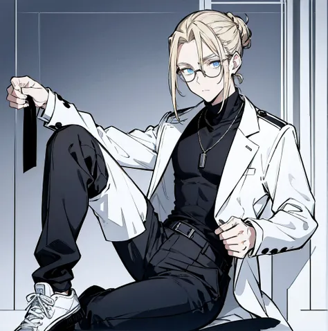 One person, Tall, tannish, male, lean and fit, blonde hair put in manbun, deep blue eyes, wearing black velvet long sleeve turtleneck, sleek black glasses, plack pants, white high tops, handsome.