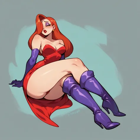 Jessica Rabbit is sad sitting in a poor rented room. She wears a red dress and long boots, she has big tits and a big ass, tomorrow