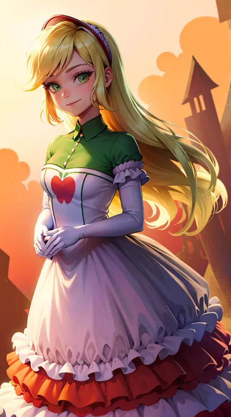 1girl, masterpiece, (detailed background), best quality, absurdres,
smirk, mlpapplejack, pink ballgown, white opera gloves, posing, closed mouth, personification, blonde hair, orange skin, green eyes