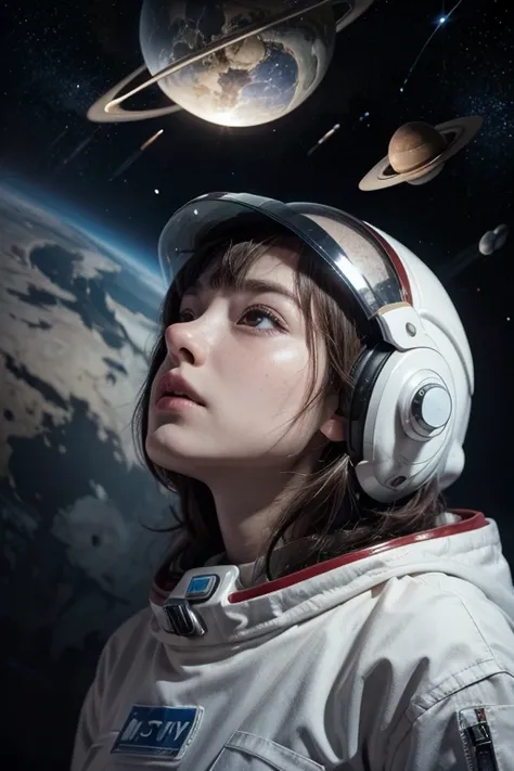 Woman dressed as an astronaut, helmet on head, visible face, Looking up at the horizon, she is in the galaxy with several planets and stars around her, photography-style, cinematic lighting, 16K, ultra HD, work of art, best qualityer, High details