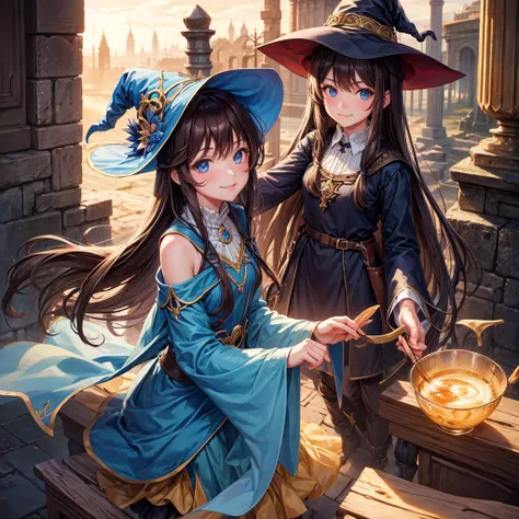 1girl, witch, long hair, ancient city, looking at viewer, smile, blue eyes, brown hair