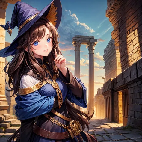 1girl, witch, long hair, ancient city, looking at viewer, smile, blue eyes, brown hair